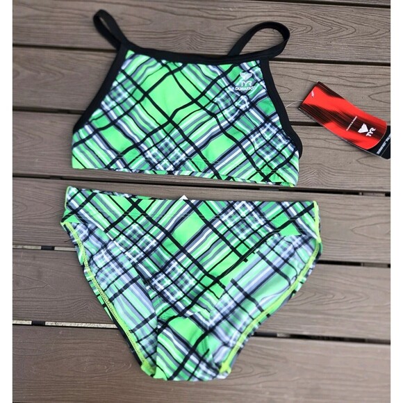 TYR Womens Durafast Pacific Plaid Diamondfit Workout Bikini Set Sz 38/L NEW - Picture 1 of 3